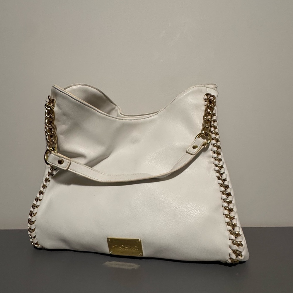 bebe White Shoulder Bag with Gold Chain Accents
